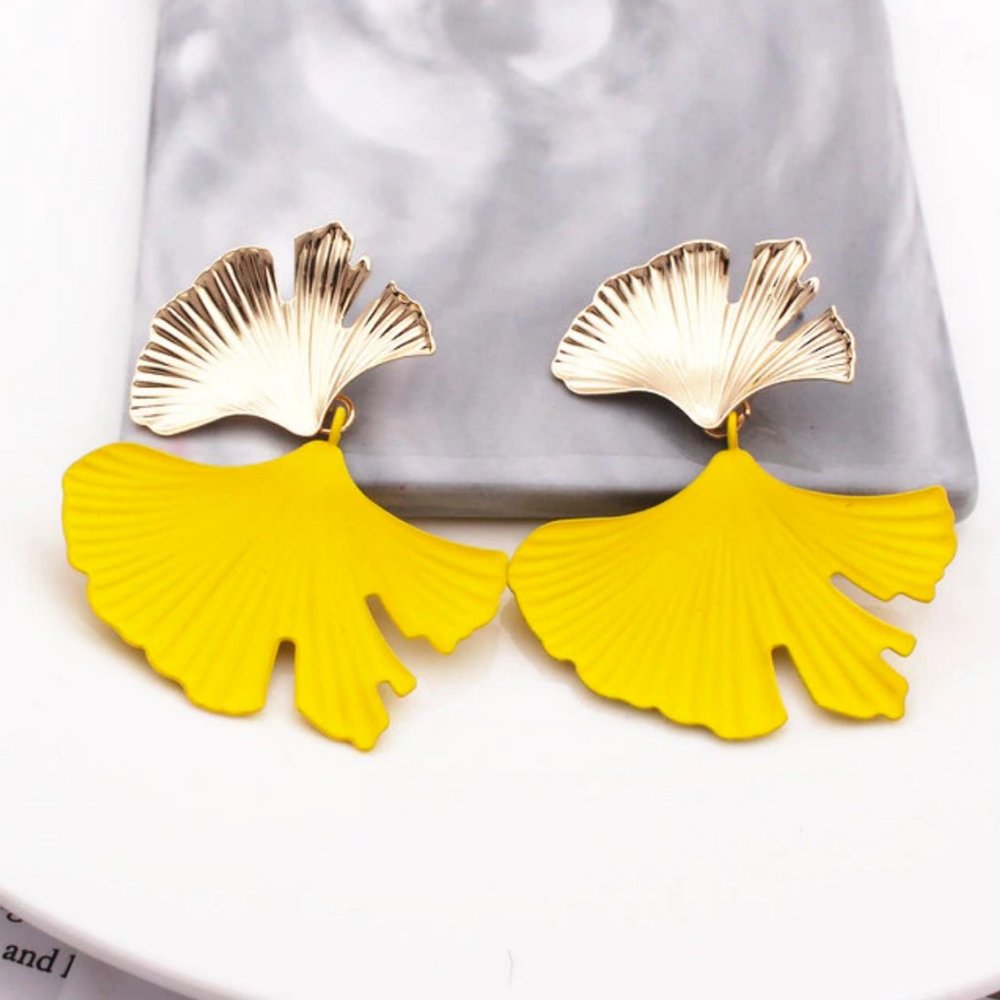 Zara Gingko Stud Dangle Hinged Goldtone and Yellow Earrings NEW! 1201